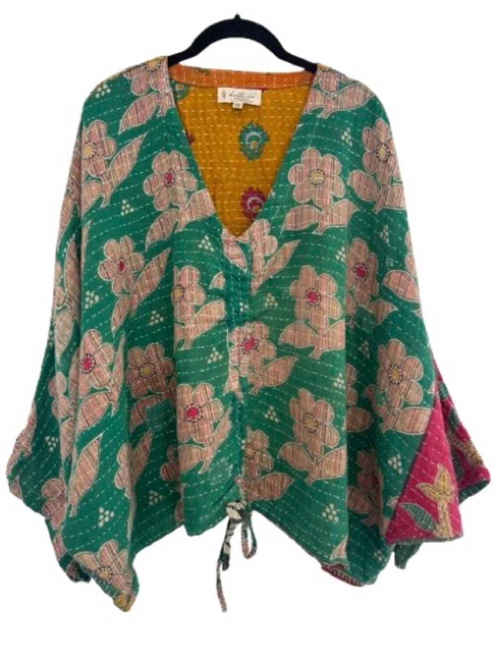 Kantha Bae Hi-Lo Butterfly Top Green Reversible Boho Floral Patchwork Flutter